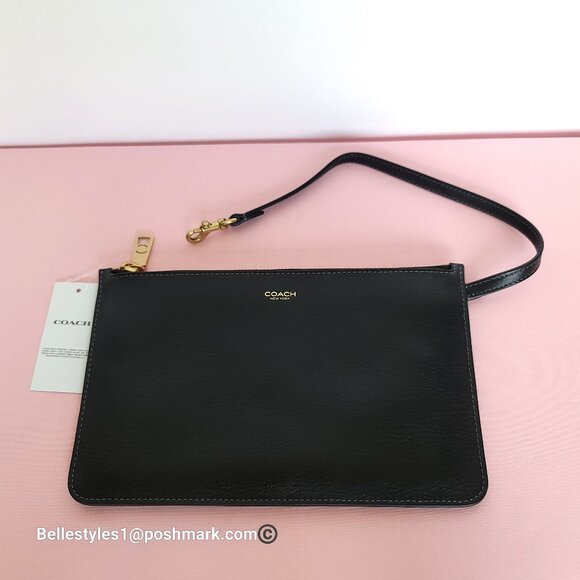 COACH New York Natural Grain Leather Top-Zip Pouch with Dog-clip Leash -Black ⭐ - Picture 6 of 16